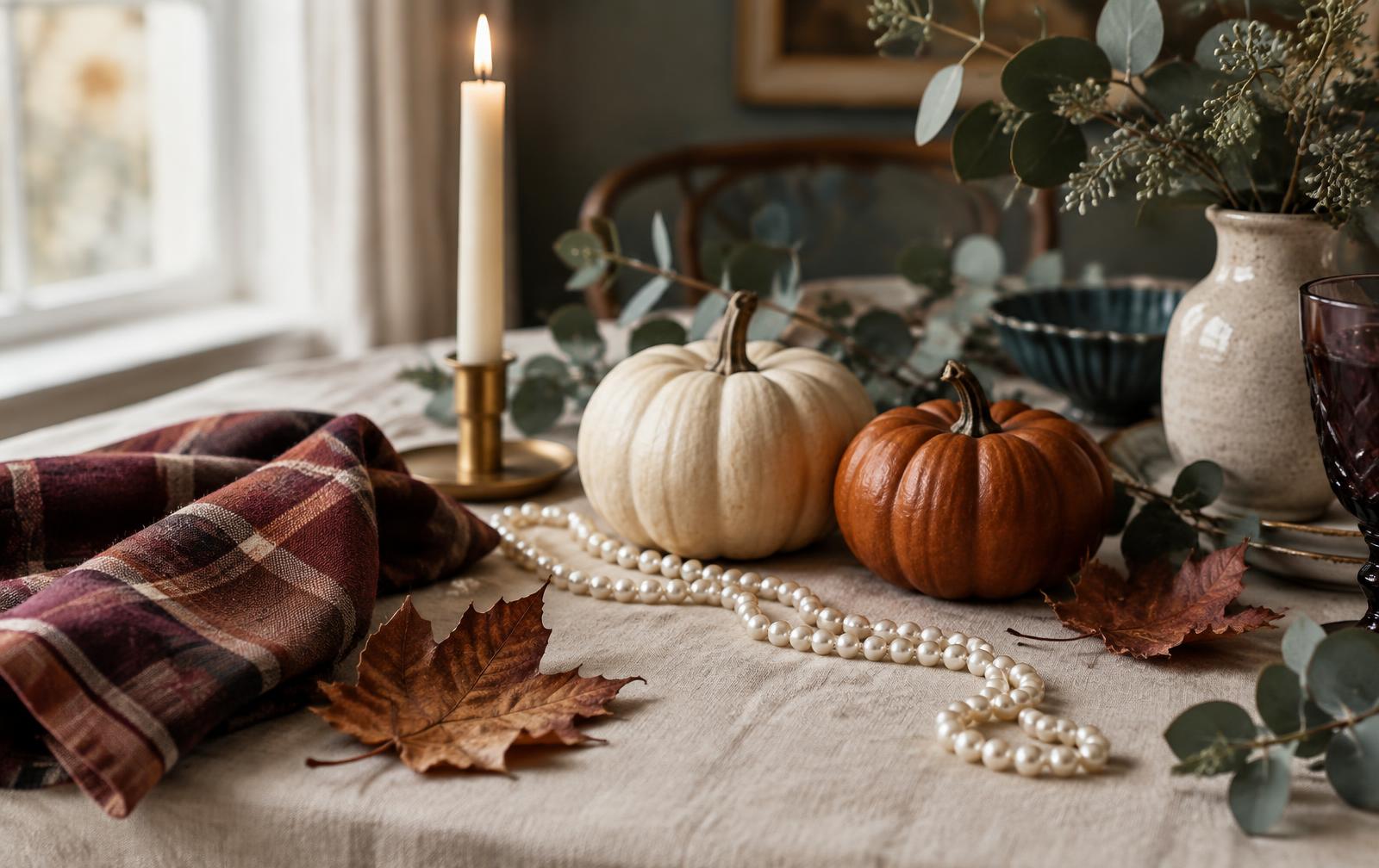 Autumn table setting with pumpkins for a community celebration