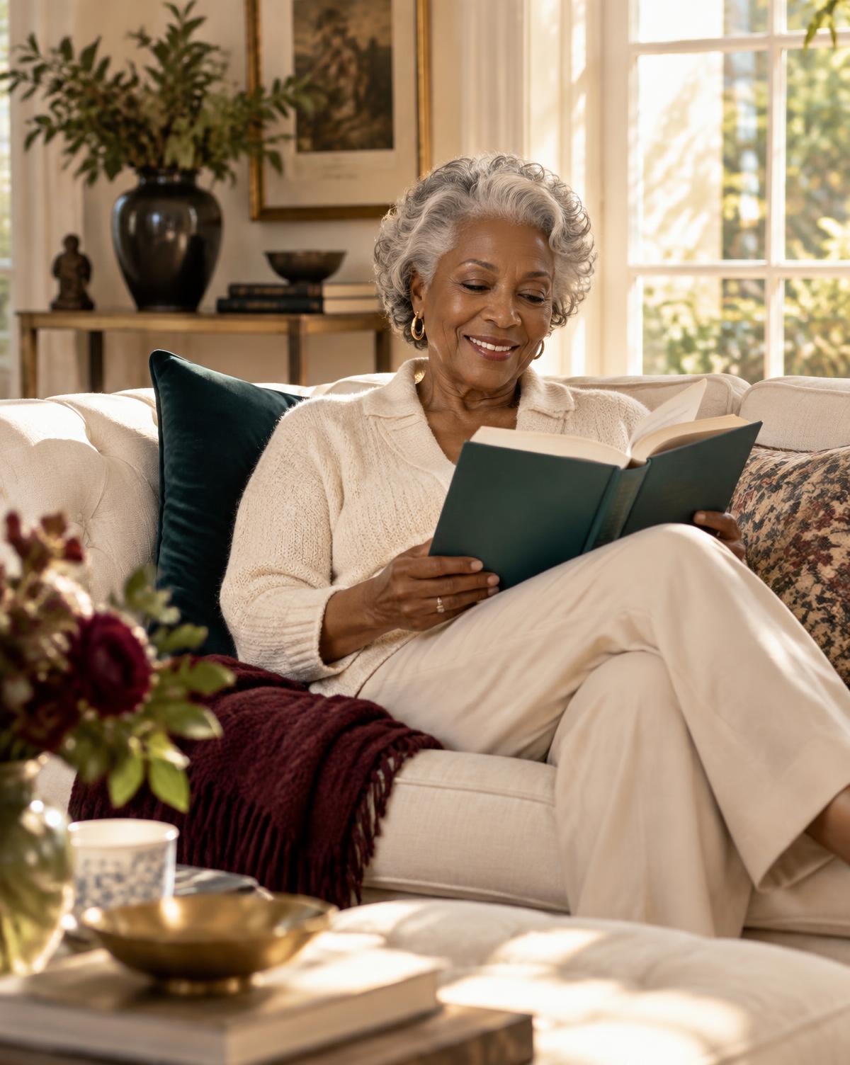 Older woman enjoying a book in her sunlit living room