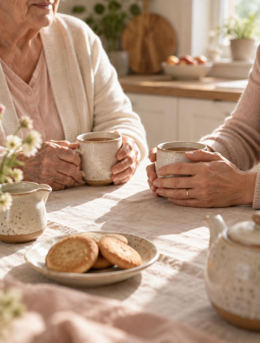 Family members sharing tea and conversation